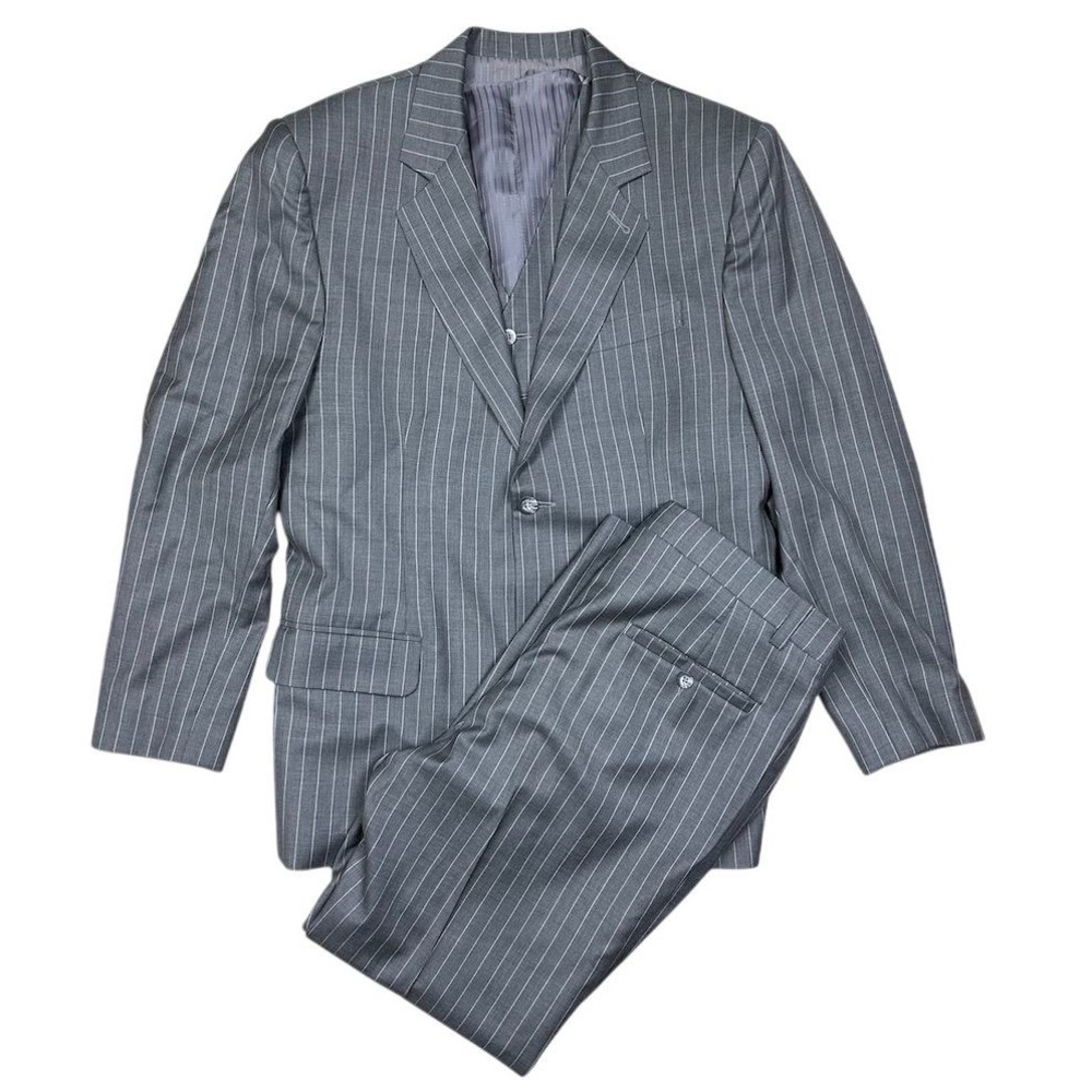 Men's 3-Piece Gray Pinstripe Suit Size 42R Formal Two-Button Notch Lapel